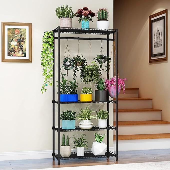 Xiofio Plant Shelf for Indoor Plants Outdoor,Metal Plant Stand,Tier Plant Stand,Adjustable Plant Shelves with Hanging Rod for Bedroom Living Room Balcony Garden,Black