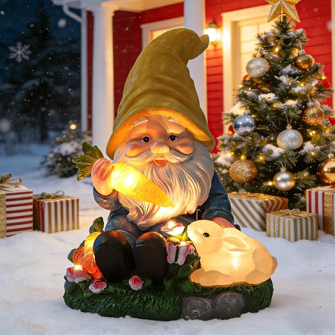 Christmas Gnomes Outdoor Statue Gnome Feeding Rabbit with 6 LED Solar Figurine for Lawn,Patio,Balcony,Yard Decor Unique for Grandfather, Father,Grandma