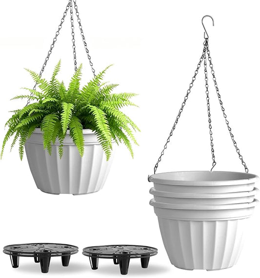 FGstyle Hanging Planters 10 Inch, 4 Pcs Self Watering Pots for Indoor Plants,Plastic Hanging Basket with Soil Elevator and 20" Chain for Home Garden Porch Balcony Patio Decor(White)