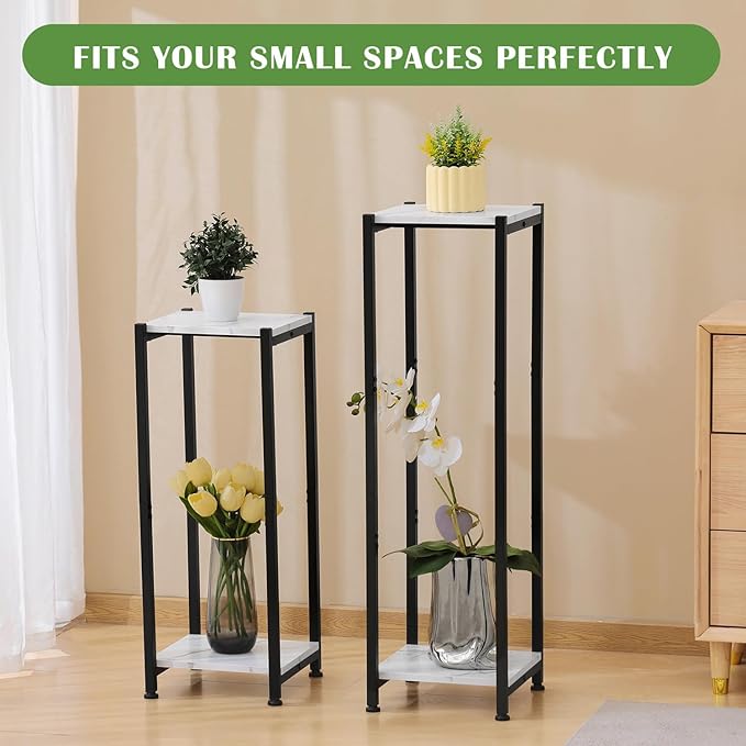 Extra Tall Plant Stand Indoor,40 Inch Plant Stands,2 Tier Metal Plant Stand with Heavy Duty Wood,Marble White and Black