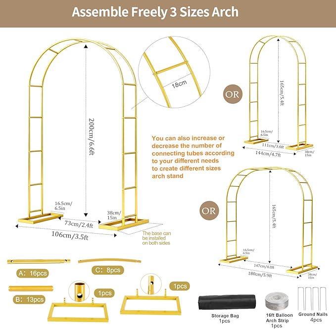 6.6FT Metal Wedding Arch Stand Gold Square Arched Backdrop Frame，Assemble Freely 3 Sizes,Metal Pergola Arbor with Base for Party Ceremony Birthday Bridal Baby Shower Garden Floral Balloon Arch Decor