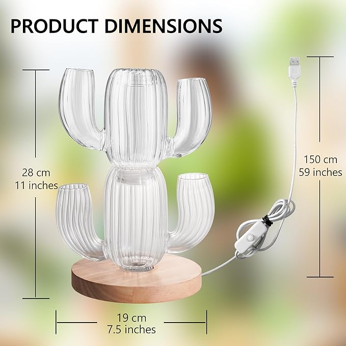 Lighted Plant Propagation Station with LED RGB Lights, 2 Glass Cactus Vases, Oak Wooden Base, Physical Push Button Control with USB Cables, Unique Gift for Plant Lovers