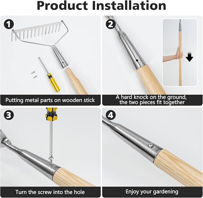 Berry&Bird 14 Tines Bow Rake for Gardening, 63-inch Garden Rakes Heavy Duty with Wooden Long Handle Stainless Steel Hard Rake for Lawn Loosening Soil, Weeding, Cleaning Leaves & Grass Cultivator Tool