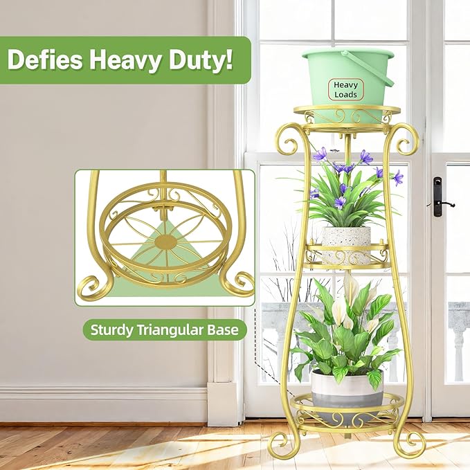 iDavosic.ly 3 Tier Metal Plant Stand Indoor Outdoor, Wrought Iron Corner Tall Flower Pot Holder Shelf, 34 Inch Vertical Heavy Duty Display Rack for Patio Porch Living Room Garden, Gold