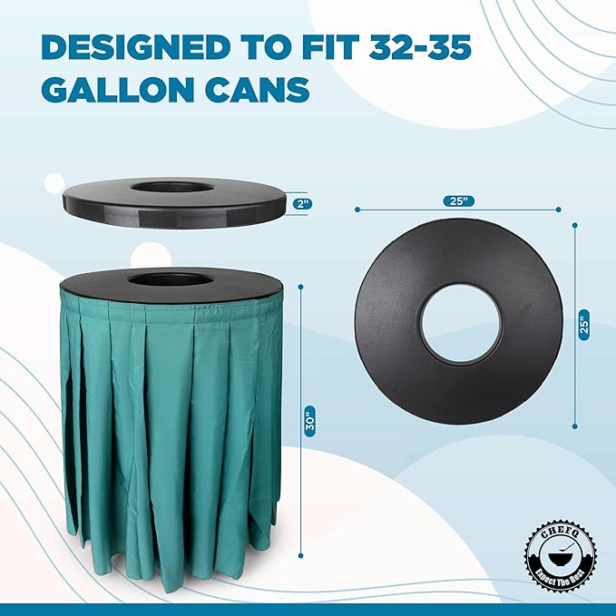Black Trash Can Topper Cover With Solid Pleated Skirt | Designed to Fit 32 & 35 Gallon Trash Cans | Elegant Party Supplies for Weddings, Banquets, Birthday Parties & More (Black Top Green Skirt)