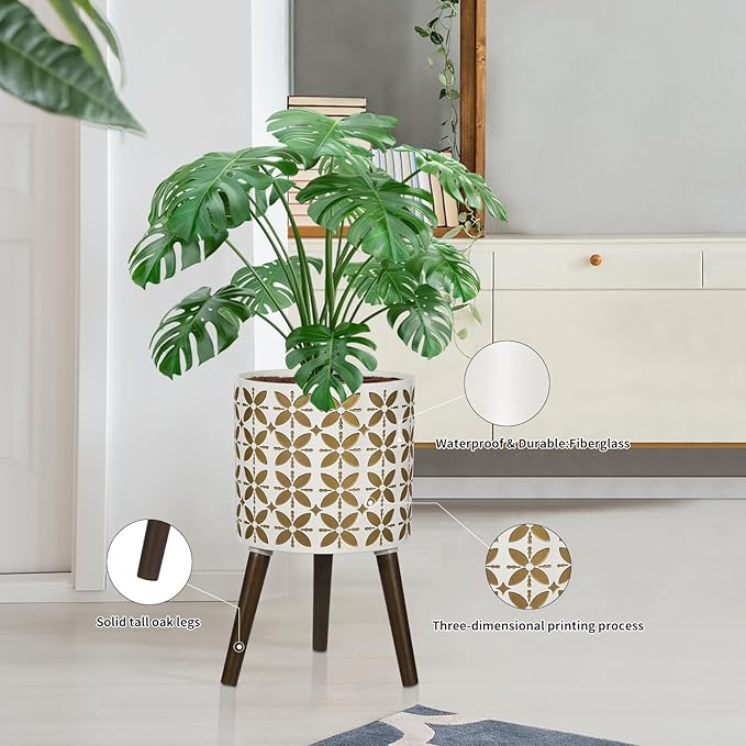 nacltlo12 Inch Planter with Stand,Plant Pot for Indoor Plants,Modern Mid-Century,Large Flower Planter Pot with Drainage Holes for Outdoor,White and xGold