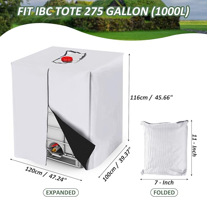 MECCANIXITY Zipper IBC Tote Cover 275 Gallon, 210D Oxford Waterproof Sunshade Rain Barrel Water Tank Protective Cover for 1000L Outdoor Garden, (39.37 x 47.24 x 45.66 Inch, Silver)