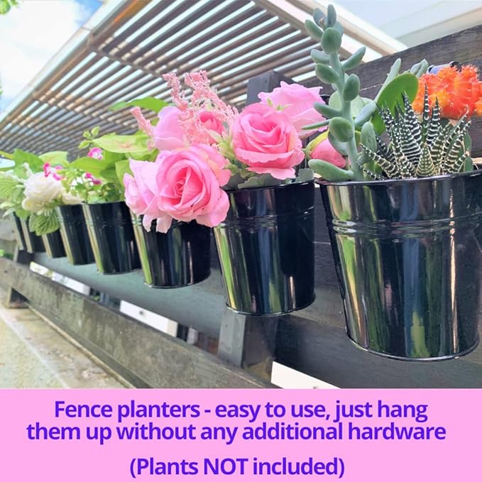 LaLaGreen Small Hanging Planters - 10 Pack, 4 Inch Black Metal Bucket Small Flower Pots for Outdoor Outside, Balcony Railing Hanging, Cute Garden Decor Rail Wall Farmhouse Rustic Deck Porch Succulent
