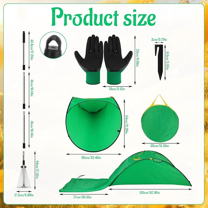 Leaf Rake for Lawns with 70 Gallon Large Foldable Leaf Bags, Heavy Duty Metal Garden Yard Rake Long Handle Garden Gloves for Gardening Outdoor Camping Shrub Grass Bush