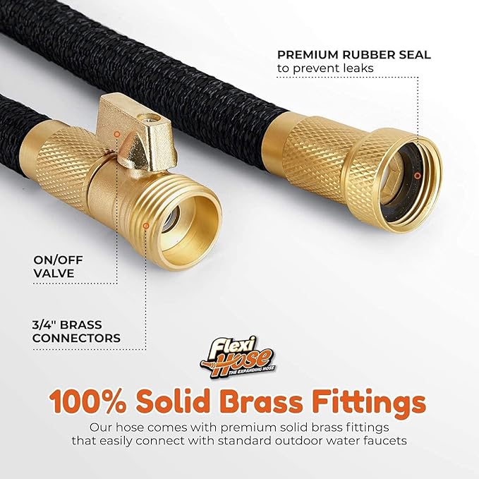 Flexi Hose PLUS with 8 Function Nozzle Expandable Garden Hose, Lightweight & No-Kink Flexible Garden Hose, 3/4 inch Solid Brass Fittings and Double Latex Core, 50 ft Black