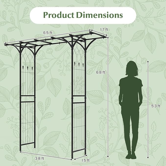 S AFSTAR Garden Arch Trellis Pergola, 6.8 FT Outdoor Metal Arbor w/Extended Top, 4 Ground Stakes, Plant Support Trellis for Climbing Plant Vine Rose, Garden Arbour Archway for Wedding Ceremony Party