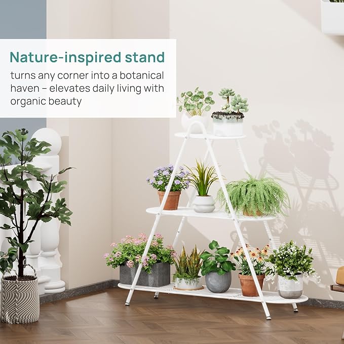 3-Tier Plant Stand, Heavy Duty Metal Planter Rack - White Indoor/Outdoor Shelves with Large Tier’s Shelf - Display Multiple Flower Pots, Iron Plant Organizer for Living Room, Patio & Garden