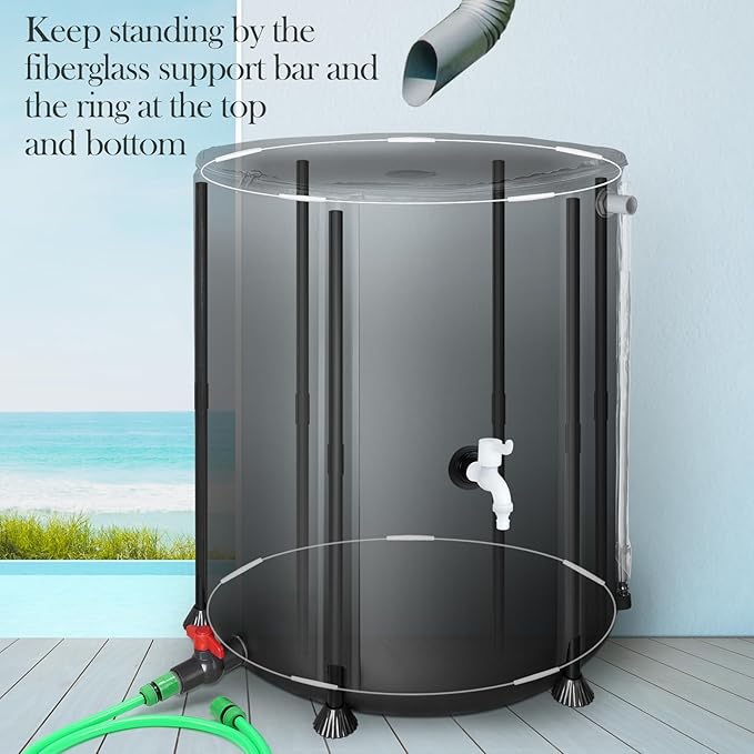 53 Gallon Collapsible Rain Barrel for Garden/Outside/Lawn, Portable Rainwater Collection System, Rain Barrel to Collect Rainwater from Gutter, Water Storage Tank with Two Spigots & Overflow Kit, Black