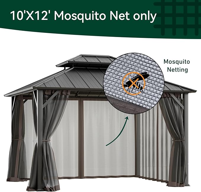 Universal Gazebo Mosquito Netting Replacement - 10' x 12' 4-Panel Screen Walls with Double Zipper for Outdoor Patio Canopy Garden Gazebos, Dark Brown and Black