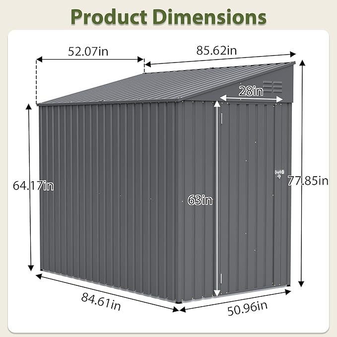 4×7 FT Outdoor Metal Storage Shed,Heavy-Duty Lean to Storage Shed with Lockable Door and Reinforced Beams,All Weather Waterproof Storage House W/2 Air Vents,for Backyard,Patio,Lawn,Dark Gray