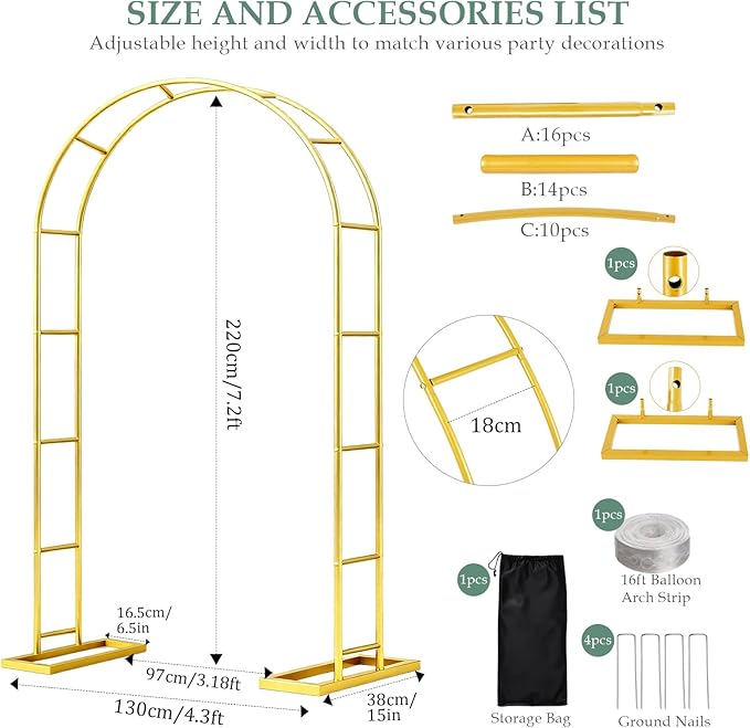 [Patent Applying] WellSign Balloon Arch Stand 7.2FTx4.3FT, Garden Arch Trellis for Climbing Plants Outdoor, Metal Pergola Arbors for Flower Arch Archway, Gold Wedding Arch for Party Decoration