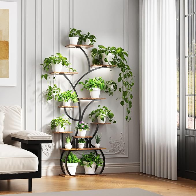 VINGLI 61" Tall Plant Stand with Grow Light, 10-Tier Indoor Plant Shelf with LED Light Strips, Tree-Shaped Metal Rack for Indoor Growing, Black