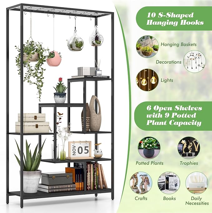 Giantex 71" Tall Plant Stand Indoor, 6-Tier Metal Plant Shelf with 10 Hanging Hooks, Multiple Potted Flower Bonsai Pots Display Rack for Indoor, Balcony, Living Room (Black)