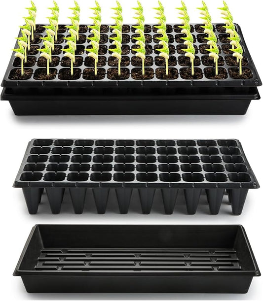 10 Pack 1020 Trays and 10 Pack 3.5" Deep 50 Cell Seed Starter Trays, 20" x 10" - Durable Plastic Nursery Flats for Microgreens, Seedling,Seed Germination & Plant Propagation (10 Set)