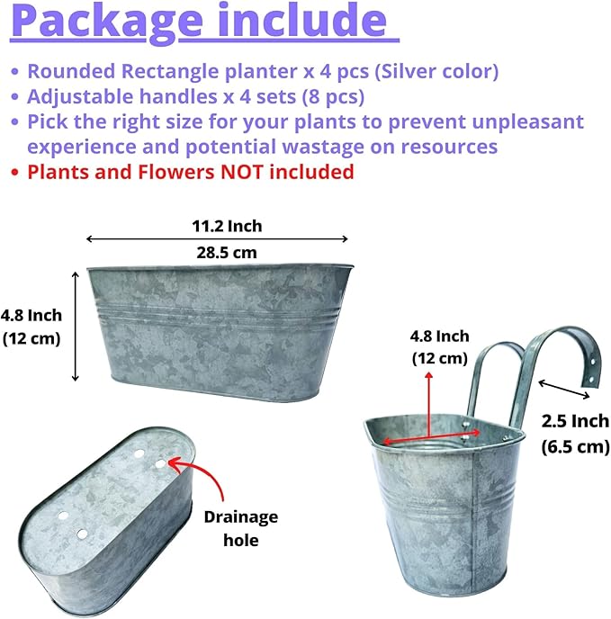 LaLaGreen Outdoor Rail Planter (11.2 Inch, 4 Pack) Silver Metal Iron Hanging Flower Pots Deck Railings Fence Buckets Modern Countryside Boho Style Wall Mount Window Box Plant Holder Hooks Porch Decor