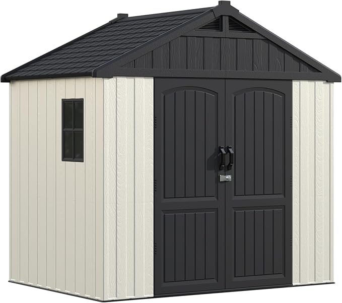 Greesum 8×6 FT Plastic Outdoor Storage Shed with Floor, Resin Sheds with Window and Lockable Door, Weather Resistant Organization for Garden, Lawn, Pool Supplies, Beige