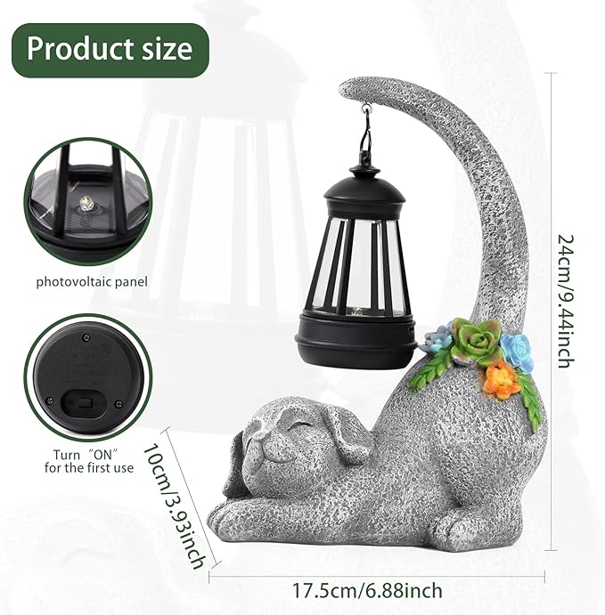 Garden Cute Dog Gnome Statue Decorations - Solar Resin Dog with Solar Garden Lights Outdoor Decorations for Patio,Yard,Lawn,