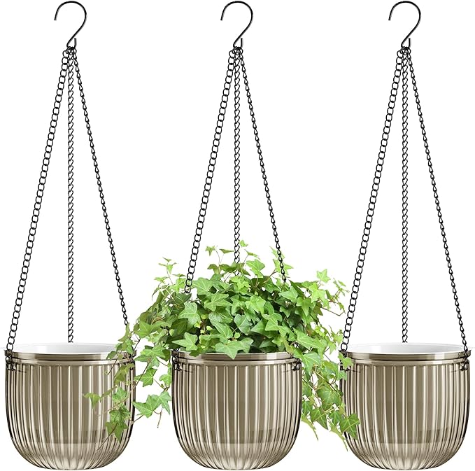 ZeeDix 3 Pack Self Watering Hanging Planters, 6.5 Inch Indoor Plant Pots with 3 Hooks Visible Water Level and Drainage for Home, Wall, Window Decor Outdoor Use(Starry Gray)