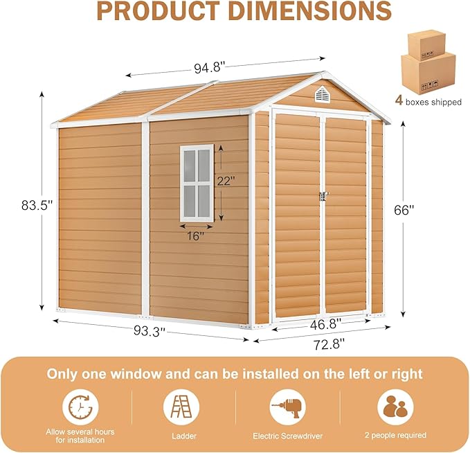 HUSFU Outdoor Resin Storage Shed 8x6 FT, Plastic Tool Shed for Bike, Garbage Can, Chicken Coop, Outside Sheds with Lockable Door for Backyard, Patio, Lawn, Light Brown
