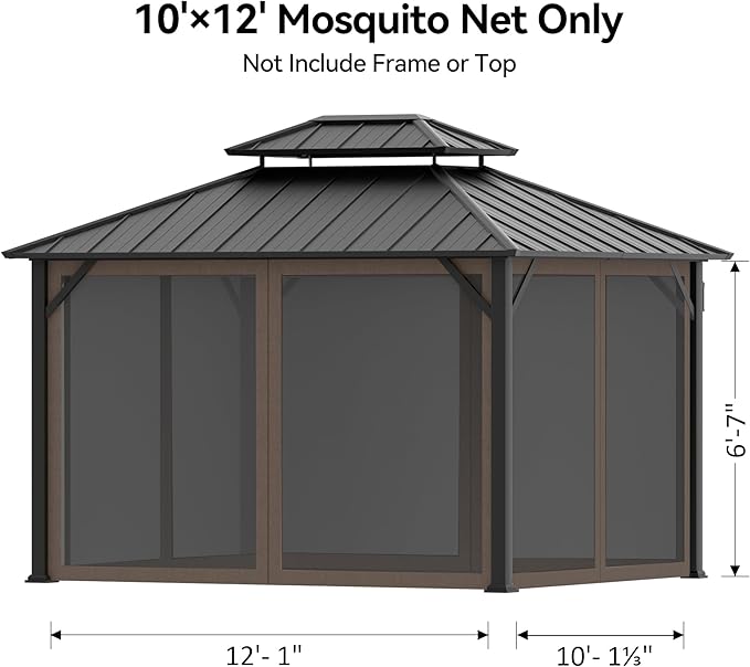Universal Gazebo Mosquito Netting Replacement - 10' x 12' 4-Panel Screen Walls with Double Zipper for Outdoor Patio Canopy Garden Gazebos, Dark Brown and Black