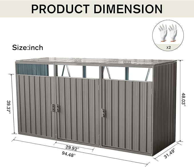 Garbage Bin Storage Shed for 3 Trash Cans Outdoor Metal Enclosure Charcoal Galvanized Steel Garbage Can Holder Concealer Hide Utility Bin Shelter Garden Yard Lawn