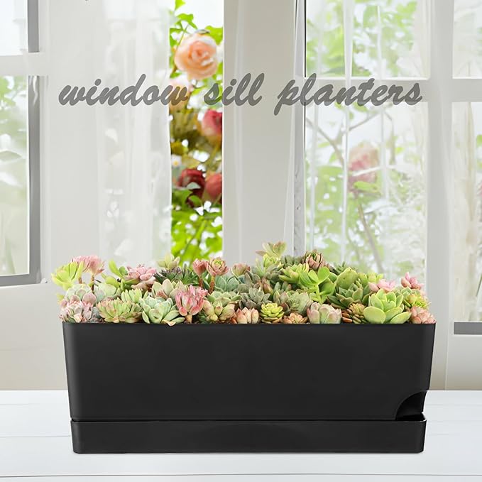 Self Watering Pots for Indoor Plants 17 Inches Window Boxes Planters Rectangular Flower Pots Rectangle Herb Pots Large Plant Pots with Drainage Holes and Saucers Windowsill Planter (2, Black)