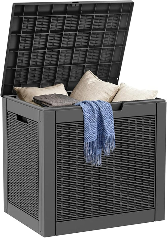 DRATO 31 Gallon Deck Box, Outdoor Storage Box for Patio Cushion, Garden Tools, Waterproof Resin Storage Box (Black，31 Gallon)