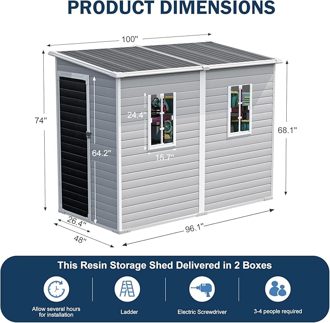 CDCASA 4x8 FT Resin Lean to Shed, Waterproof Outdoor Storage Sheds with Floor Included & Adjustable Openable Windows, Outside Plastic Tool Shed for Backyard Patio Poolside Garden, Gray