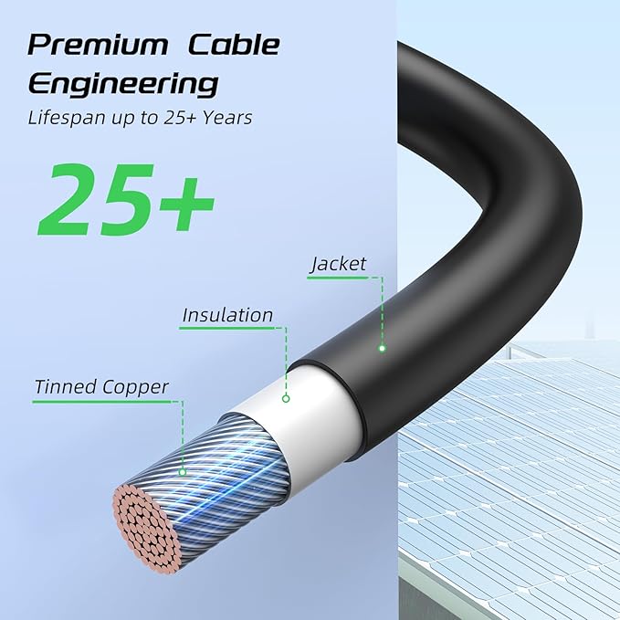 Bateria Power 20FT 10AWG Solar Panel Extension Cable, 6mm² Solar Extension Cable Wire with Female & Male Waterproof Connectors for RV, Photovoltaic Systems, Set of 2