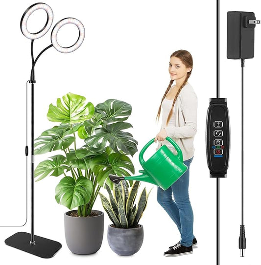 Full Spectrum Grow Light with Stand for Indoor Plants, Floor Plant Light, 3/9/12H Timer, 3 Color Modes, Adjustable Height 16.5–68in, for Large Plants & Home Décor(2 Heads)