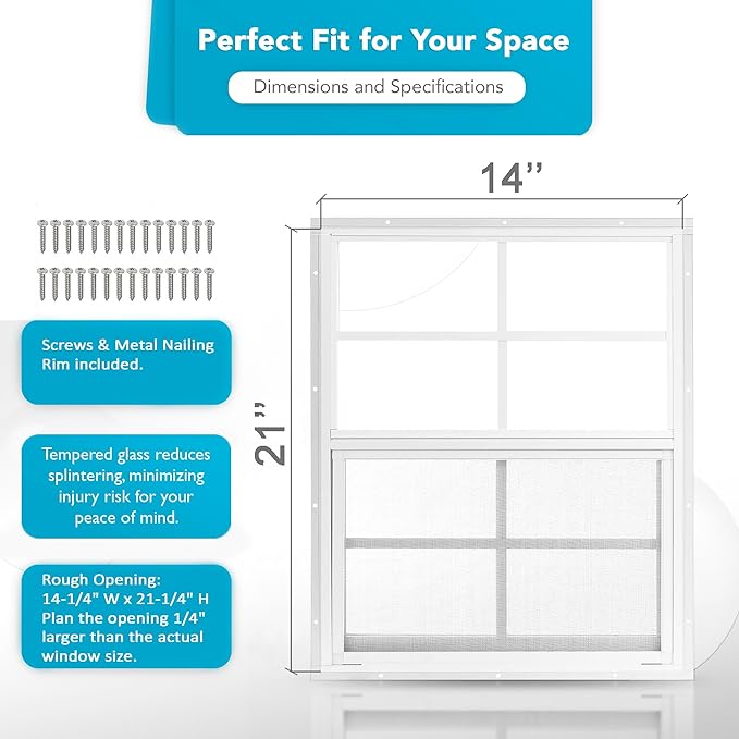 PRO FLEX 2 Pack Shed Window 14" x 21" - Ultra Thick White Aluminum Flush Mount with Tempered Glass and Screen - Shed Windows with Vertical Slider and Screws for Chicken Coop, Sheds, Barns, Playhouses