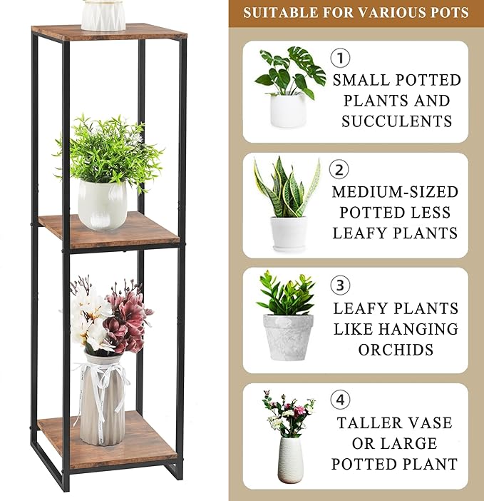 46" Tall Plant Stand Indoor, 3-Tier Modern Plant Shelf, Corner Flower Pot Holder Organizer for Living Room Balcony Patio Garden (Rustic Brown)