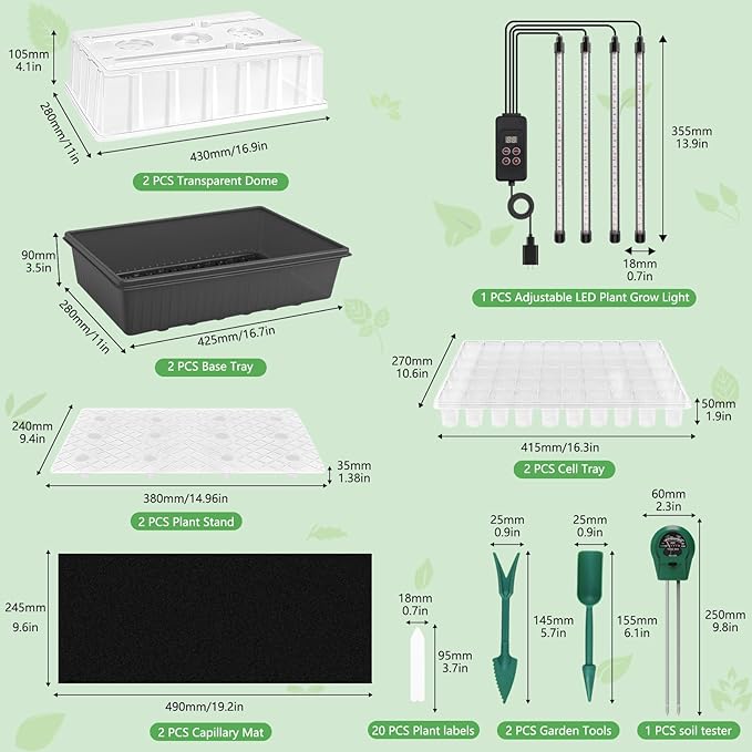 Seed Starter Tray with Grow Light, 2 Pack 120 Cells Seedling Tray Kit with 3-in-1 Soil Moisture Meter, Indoor Seedling Starter Tray for Plant Germination, Seeds Growing