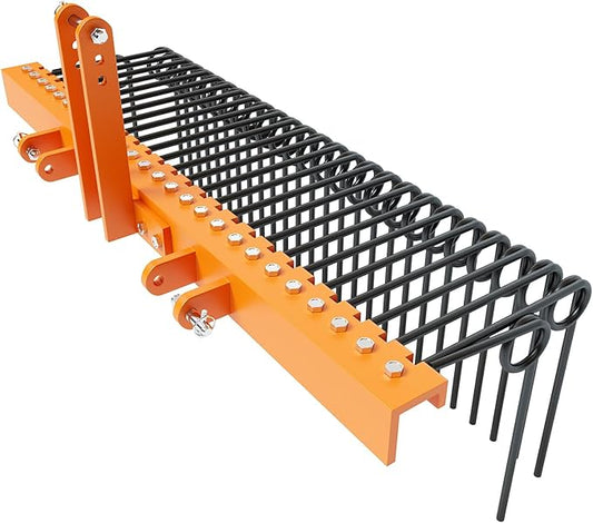 GarveeLife 60 Inch Pine Straw Needle Rake, 3 Point Landscape Rakes, Powder Coated Steel Spring Tow Behind Rake, Tractor Attachments for Leaves Straw Grass Attach to Cat 0 Cat 1, Orange