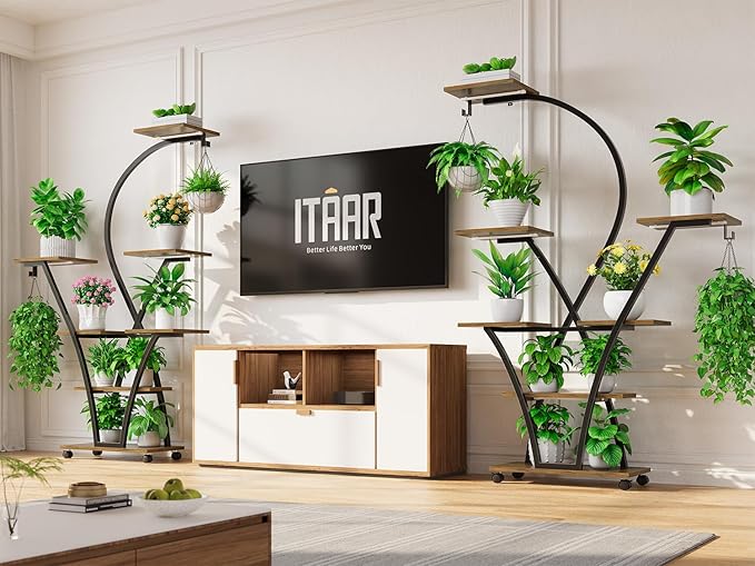 Itaar Plant Stand Indoor with Grow Light, 2-Pack 64" Tall Plant Shelf, 7 Tiered Corner Plant Stand with Wheels, Large Plant Rack Display Shelves, Curved Plant Holder for Living Room, Rustic Brown