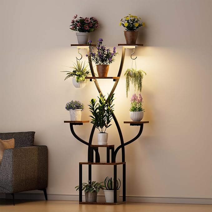 Plant Stand Indoor with Grow Lights - 8 Tier Metal Shelf for Multiple Plants, 64" Corner Stand for Indoor Plants, X-Shaped Plant Rack for Home, Living Room, Office, Patio