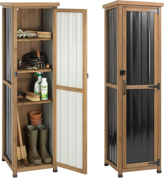 Outdoor Storage Cabinet Weatherproof, Tall Wood Garden Potting Bench Table with Removable Shelves, Metal Top, Outdoor Patio Cabinet Work Station for Tool Accessories,17.8''x17.8''x62''
