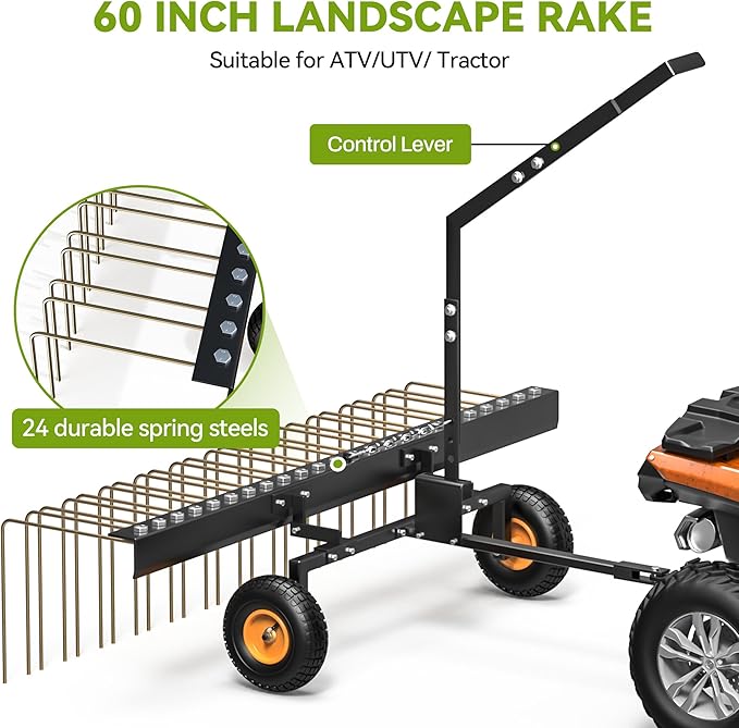 AUTOSAVER88 60" Tow Behind Steel Pine Straw Rake Durable Corrosion Resistant Lawn Rake