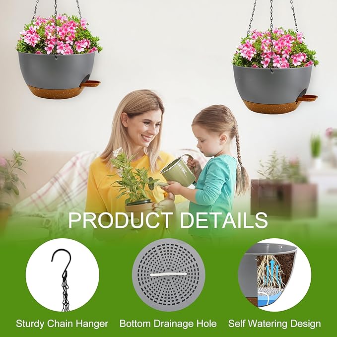 3 inch Hanging Planters for Indoor Plants, 3 Pack Self-Watering Hanging Planter Pots with Chain and Drainage Holes, Outdoor Plastic Hanging Baskets for Garden Home Decor (Grey With Brown, 3pcs/10inch)