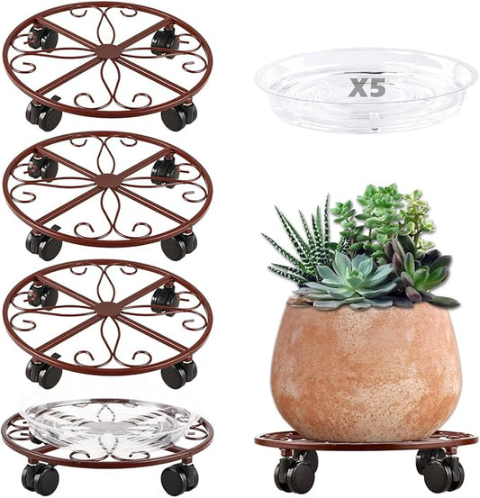 5 Pack Plant Caddy with Wheels Heavy Duty 12 Inches Metal Plant Stand with Wheels Plant dolly Rolling Plant Stand Plant Roller with Casters for Indoor and Outdoor with Plant Saucers, Bronze