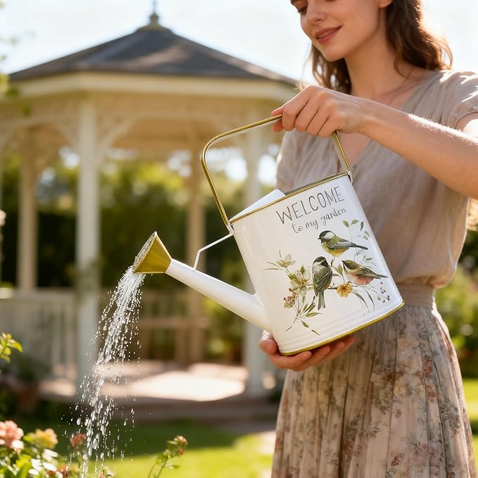 Vintage Metal Watering Can with Gold Accents & Bird Floral Welcome to My Garden Design Garden Decorative Watering Pot Farmhouse Waterer for Home Indoor Outdoor Balcony Courtyard (White)