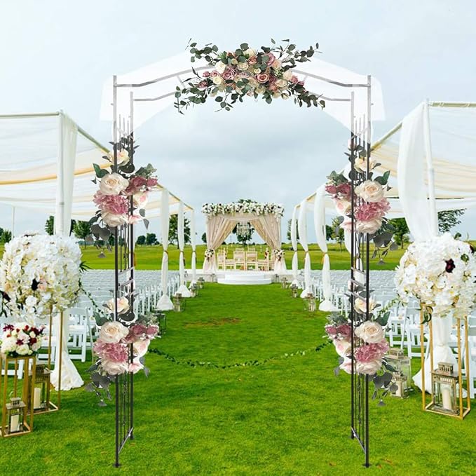 Garden Arbor with Side Garden Trellis, 7.5FT Metal Garden Arch for Climbing Plants Outdoor, Black Archway for Lawn, Patio and Backyard, Wedding Arches for Ceremony, Includes Ground Stakes