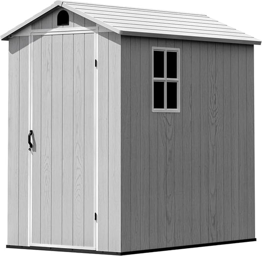 Greesum 4x6FT Plastic Storage Shed with Floor, Resin Outdoor Storaged Sheds with Lockable Door, All Weather Durable Tool Shed with Window and Vent, for Garden, Backyard, Patio, Light Gray