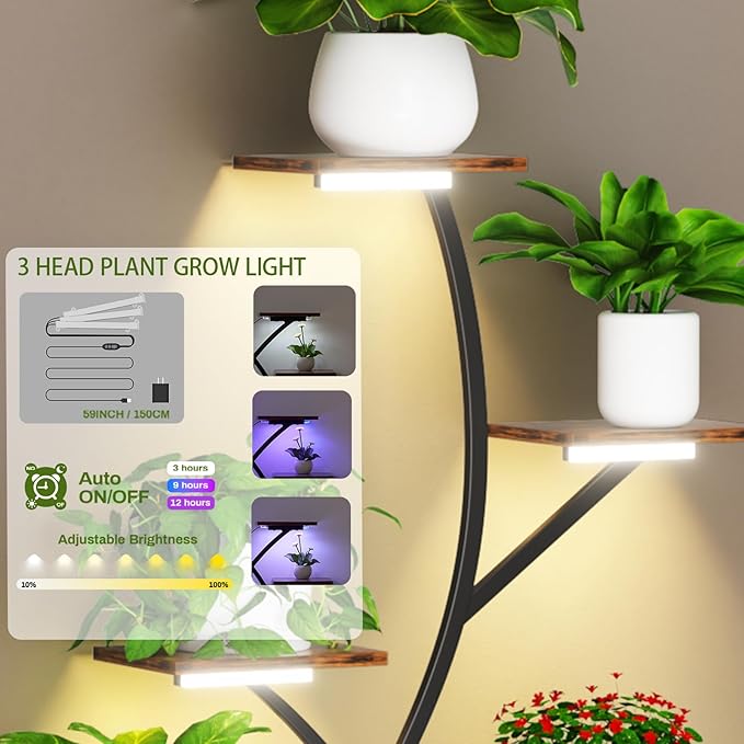 Artswish 63” Plant Stand Indoor with Grow Lights & Wheels, Metal Plant Shelves, 8-Tier Lighted Plant Stands for Multiple Plants, Corner Plant Holder, Metal Flower Rack for Home, Patio, Rustic Brown