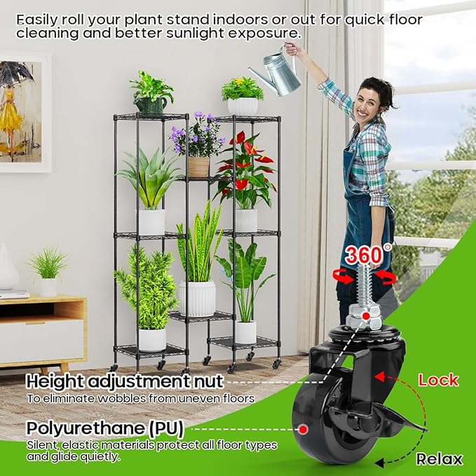 Abimars 59'' Plant Stand with Wheels, Shelf Height Adjustable Metal Plant Shelf for 8 Potted Plants, DIY Assembly Indoor & Outdoor Plant Display Rack